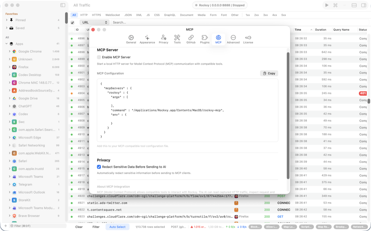 Rockxy MCP server settings with copy-paste configuration JSON for Claude Desktop and Cursor and a privacy redaction toggle