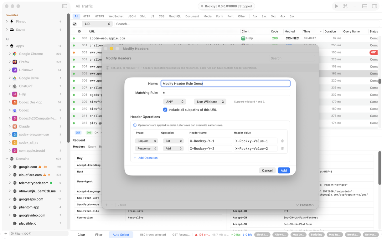 Rockxy Modify Headers rule editor with URL pattern match and ordered Add, Remove, and Replace operations