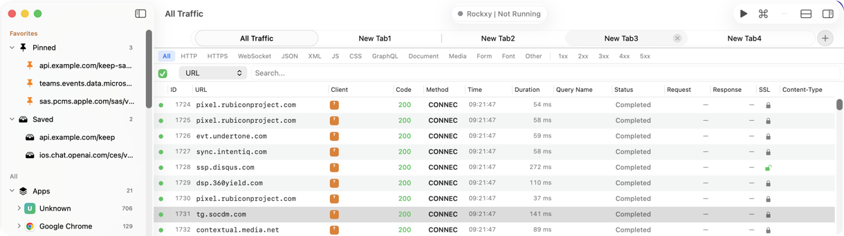 Rockxy multiple tab workspace showing several independent capture sessions running side-by-side, each with its own filters and inspector