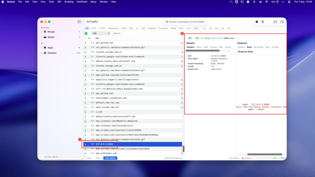 Rockxy capturing Python localhost traffic on macOS