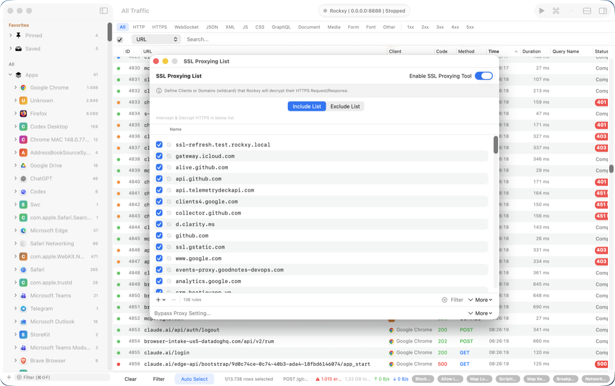 Rockxy SSL proxy settings showing per-host TLS decryption rules with wildcard patterns and allow list