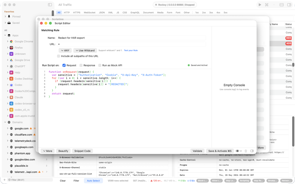 Rockxy Scripting tool window ready for JavaScript request and response hooks with inline error feedback