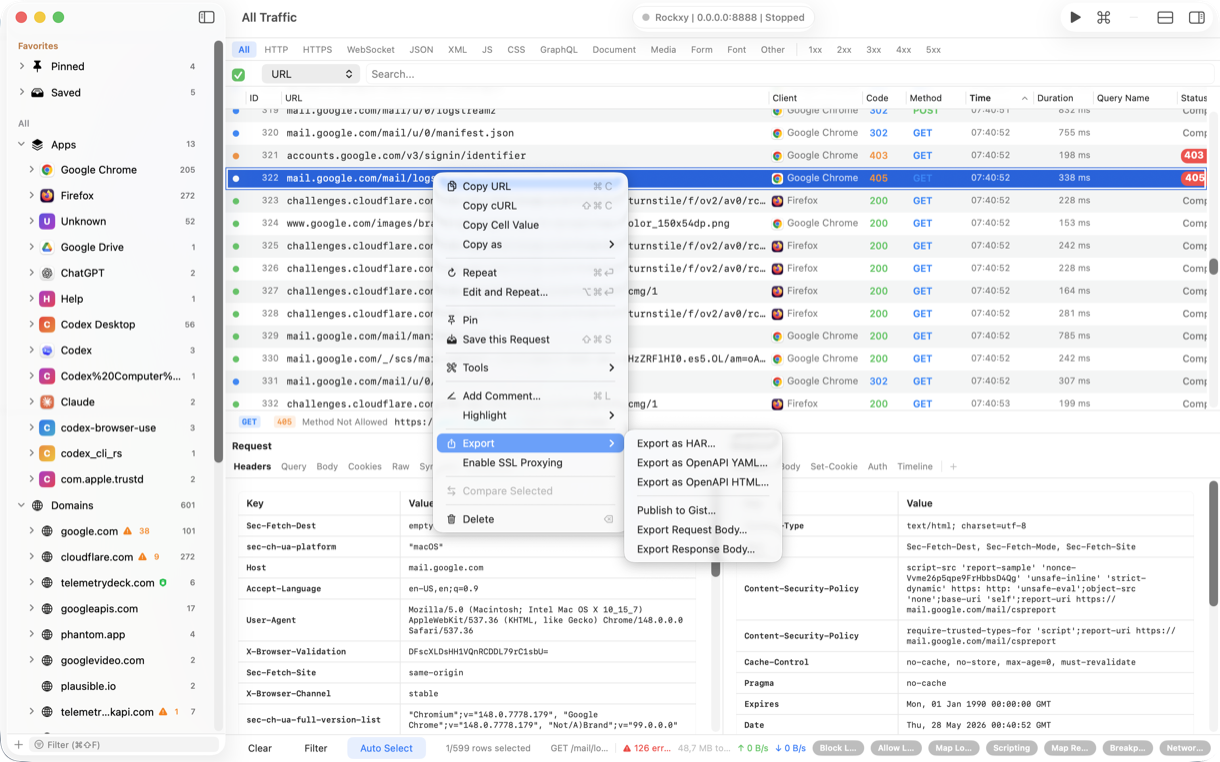Rockxy request context menu showing export options for HAR, request body, and response body