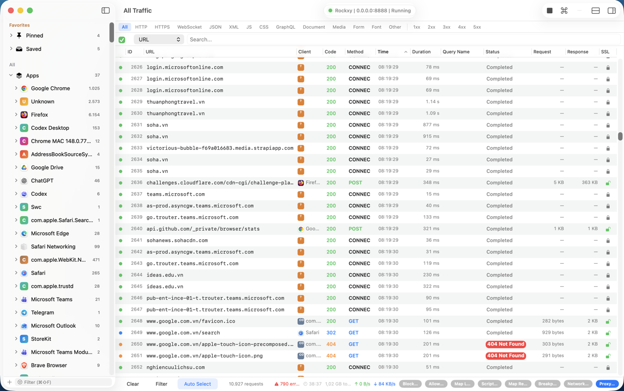 Rockxy macOS HTTP proxy capturing live HTTPS requests from Safari, Chrome, Firefox, and curl in a single request list