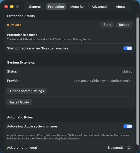 Shieldxy protection settings showing Network Extension status and automatic rules