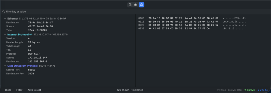 Tracexy horizontal packet inspector with decoded Ethernet, IPv4, UDP fields and hexadecimal bytes