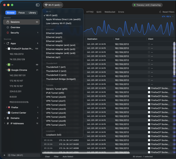 Tracexy interface picker listing Wi-Fi, Ethernet, Thunderbolt, tunnel, VPN, and loopback capture sources