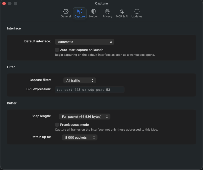 Tracexy capture settings with BPF filter, snap length, promiscuous mode, and packet retention controls