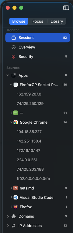 Tracexy source tree grouping captured sessions by application, domain, and IP address
