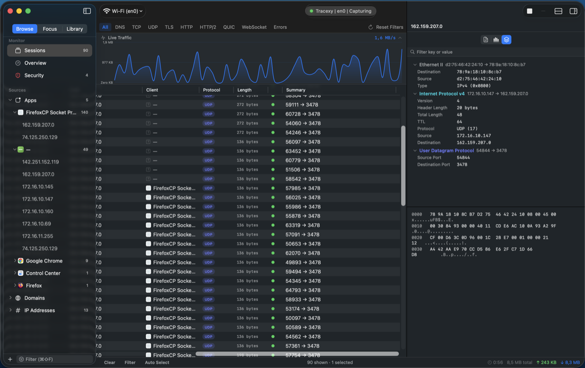 Tracexy packet capture workspace with source grouping and packet inspection