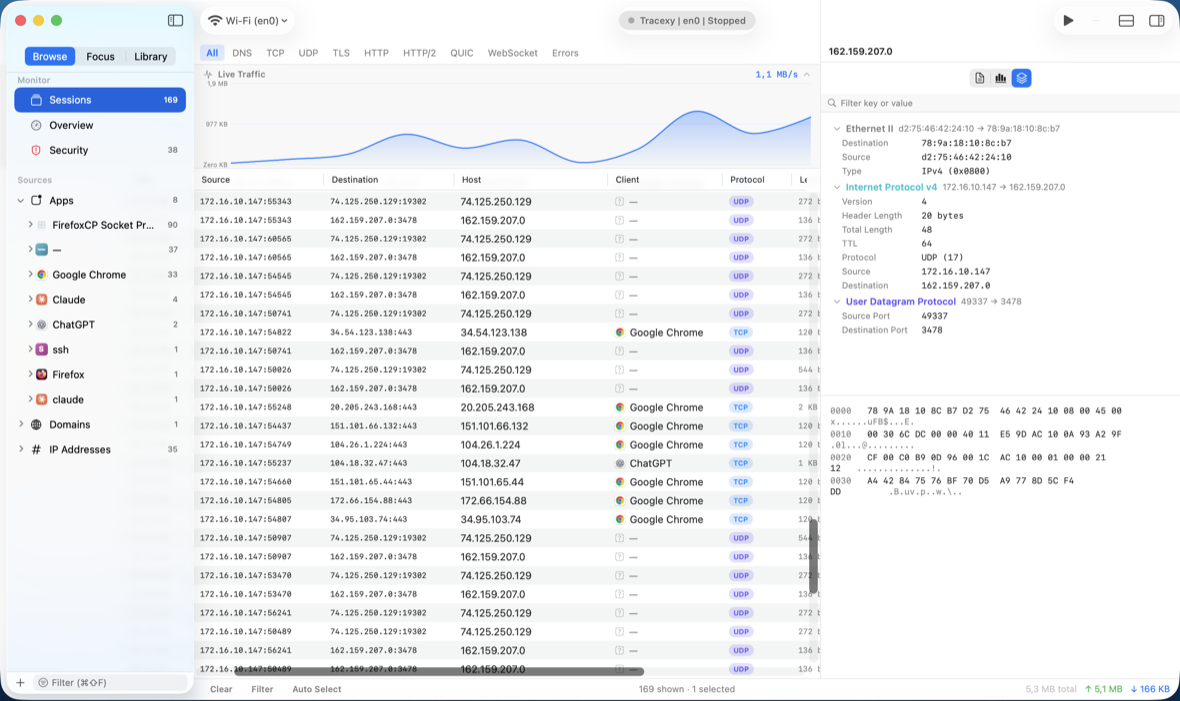 Tracexy light interface showing live sessions grouped by application with a packet inspector